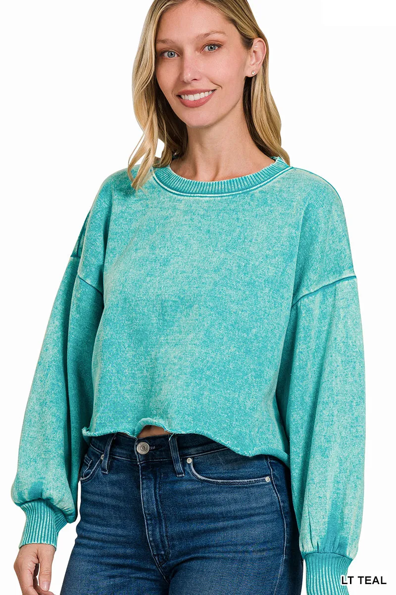 Acid wash fleece cropped pullover