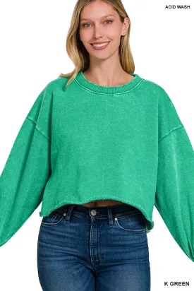 Acid wash fleece cropped pullover