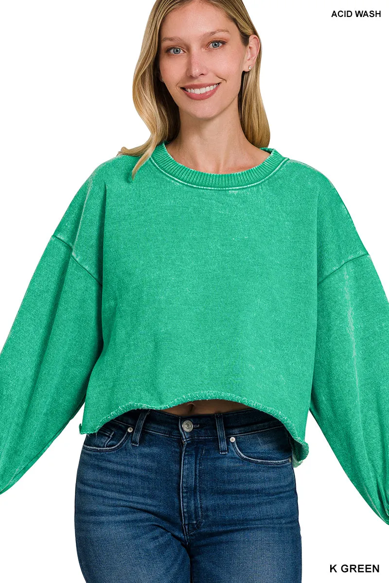 Acid wash fleece cropped pullover