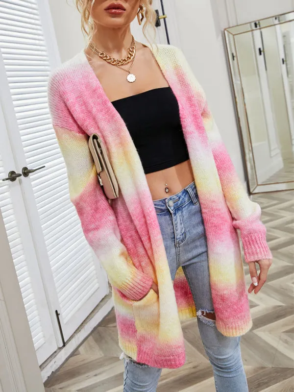 Alina Sweater Rainbow Tie-Dye Mid-Length Oversized Cardigan Pocket Knit Jacket