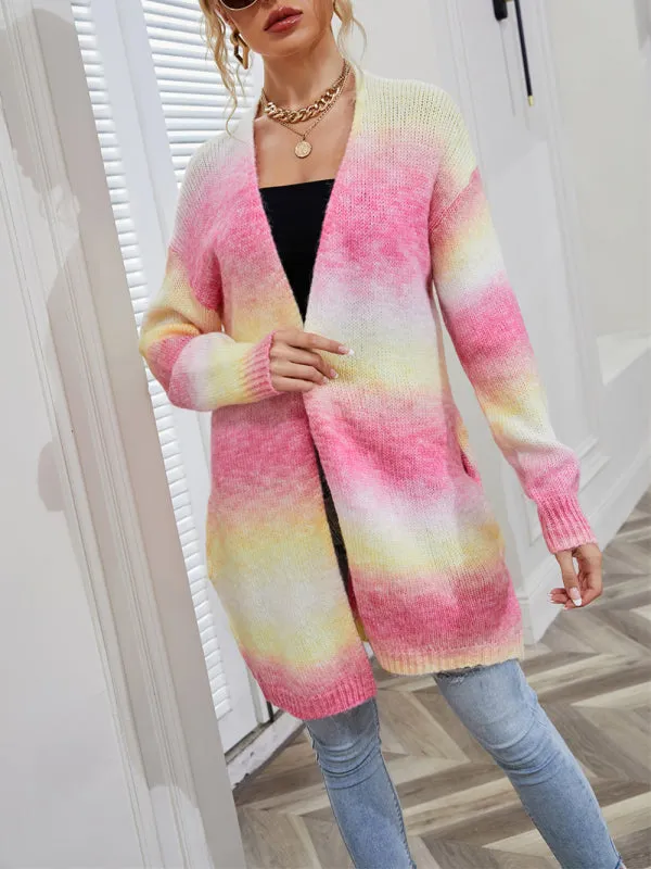 Alina Sweater Rainbow Tie-Dye Mid-Length Oversized Cardigan Pocket Knit Jacket