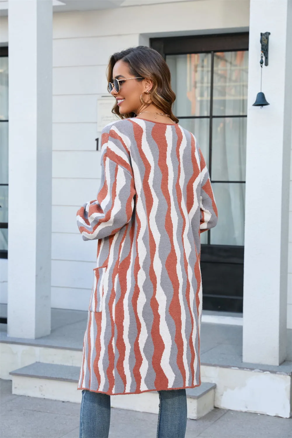 Angel Wings Printed Open Front Pocketed Cardigan