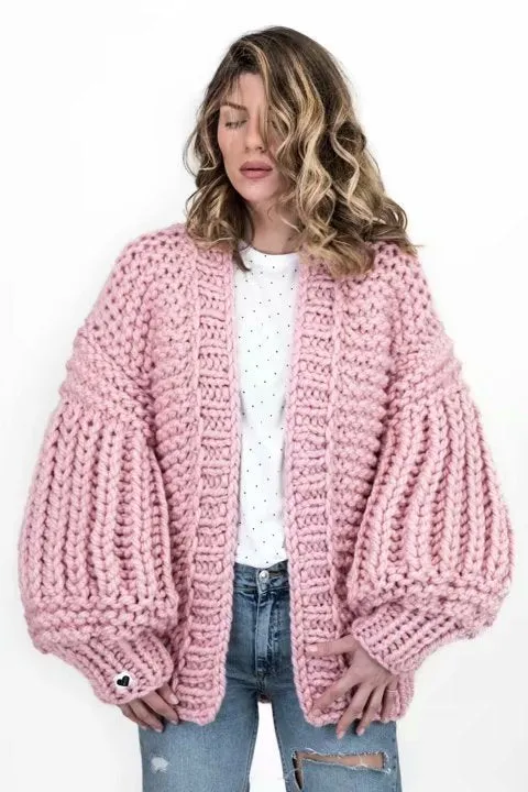 Autumn Winter European Style Women's Handmade Knit Batwing Lantern Sleeve Sweater Cardigan Outerwear