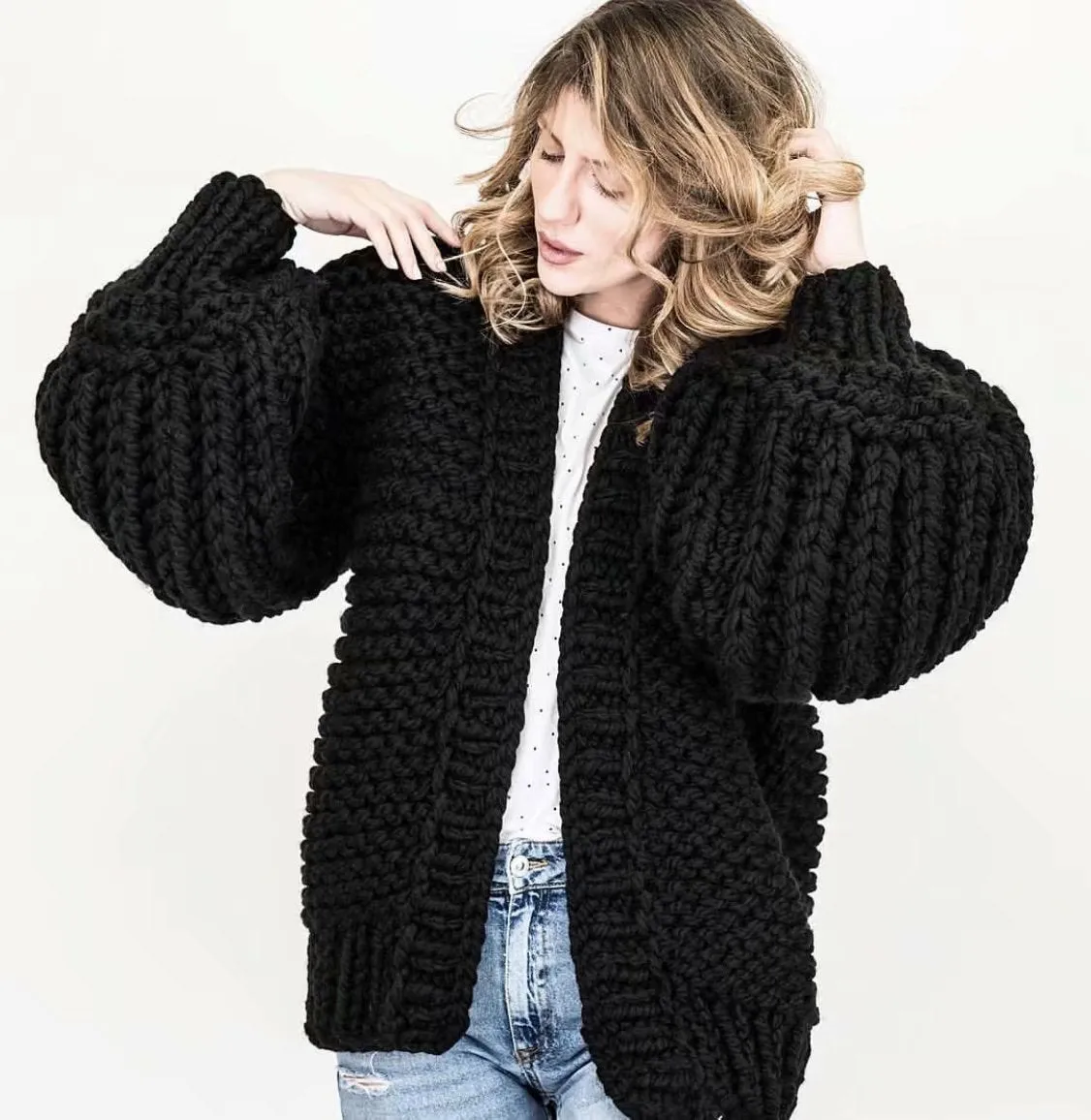 Autumn Winter European Style Women's Handmade Knit Batwing Lantern Sleeve Sweater Cardigan Outerwear