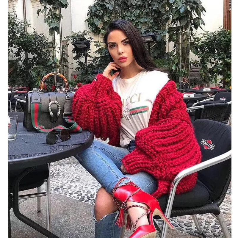 Autumn Winter European Style Women's Handmade Knit Batwing Lantern Sleeve Sweater Cardigan Outerwear
