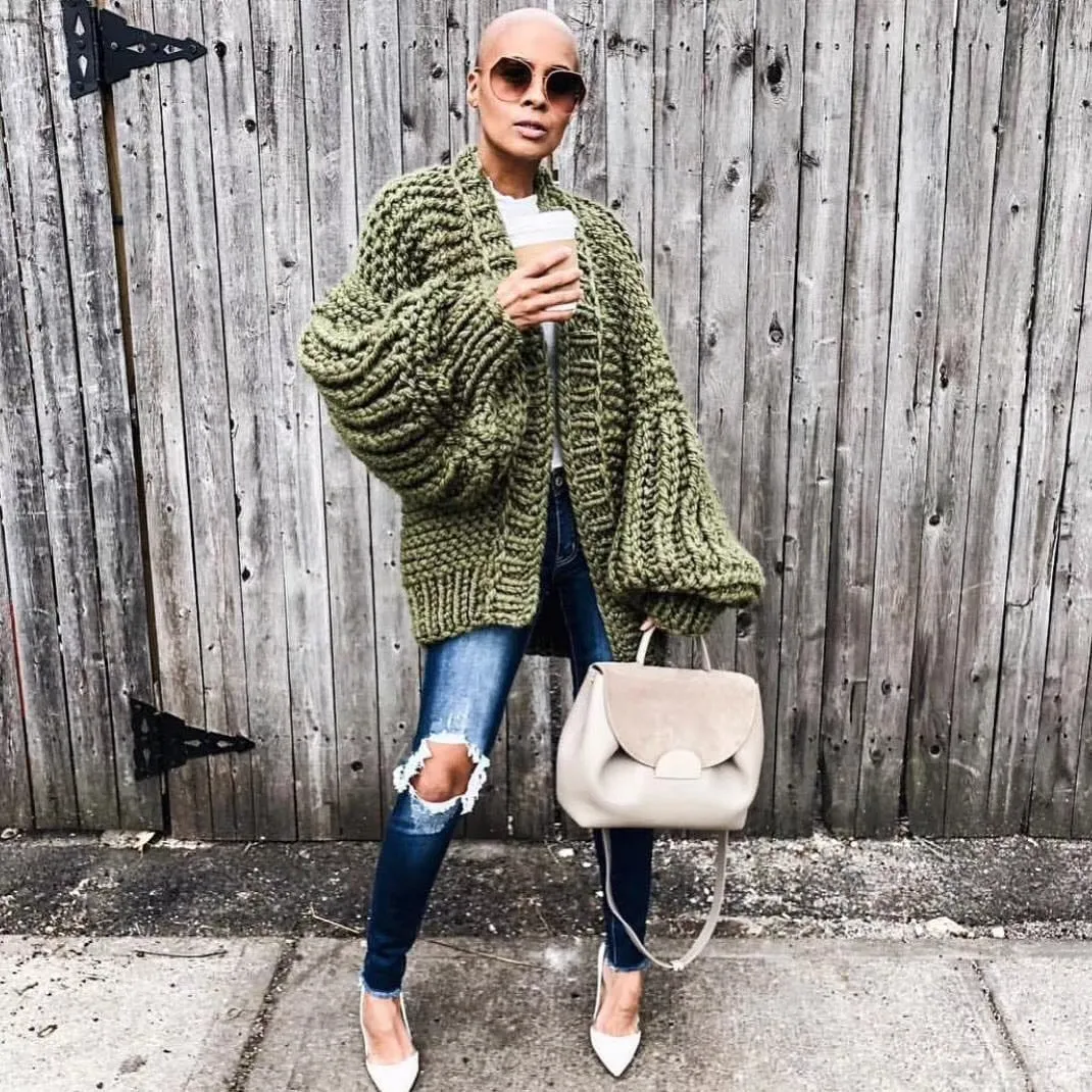 Autumn Winter European Style Women's Handmade Knit Batwing Lantern Sleeve Sweater Cardigan Outerwear