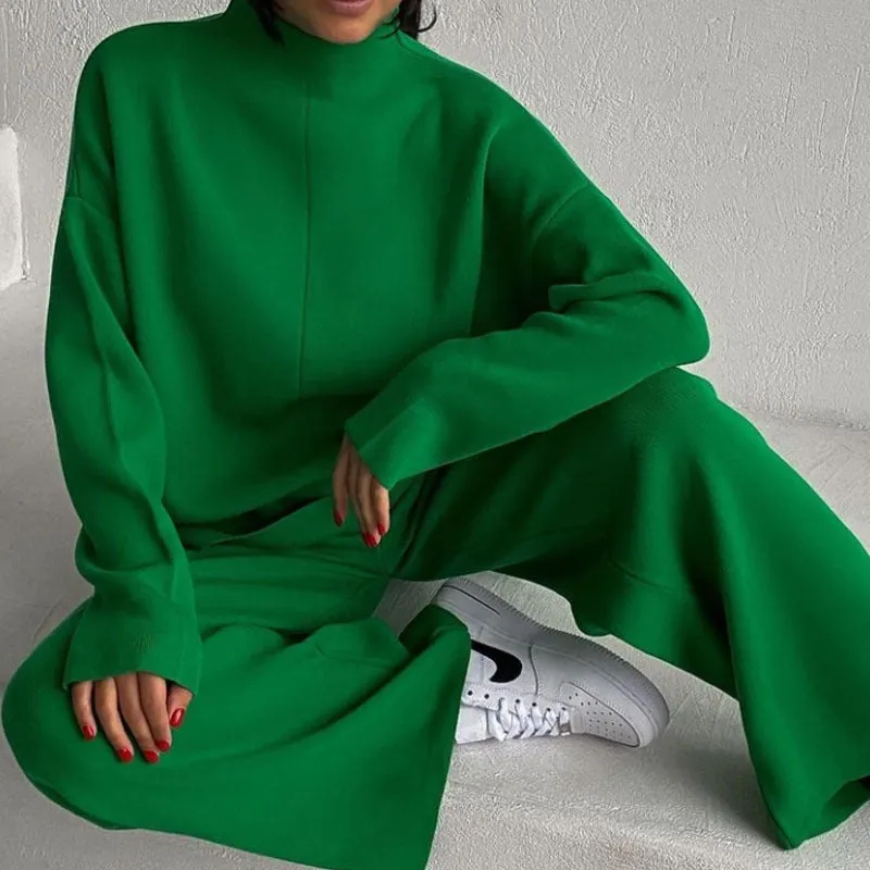 Autumn Winter Russian Long Sleeve Loose Casual Sweater Knitted Top Trousers Set