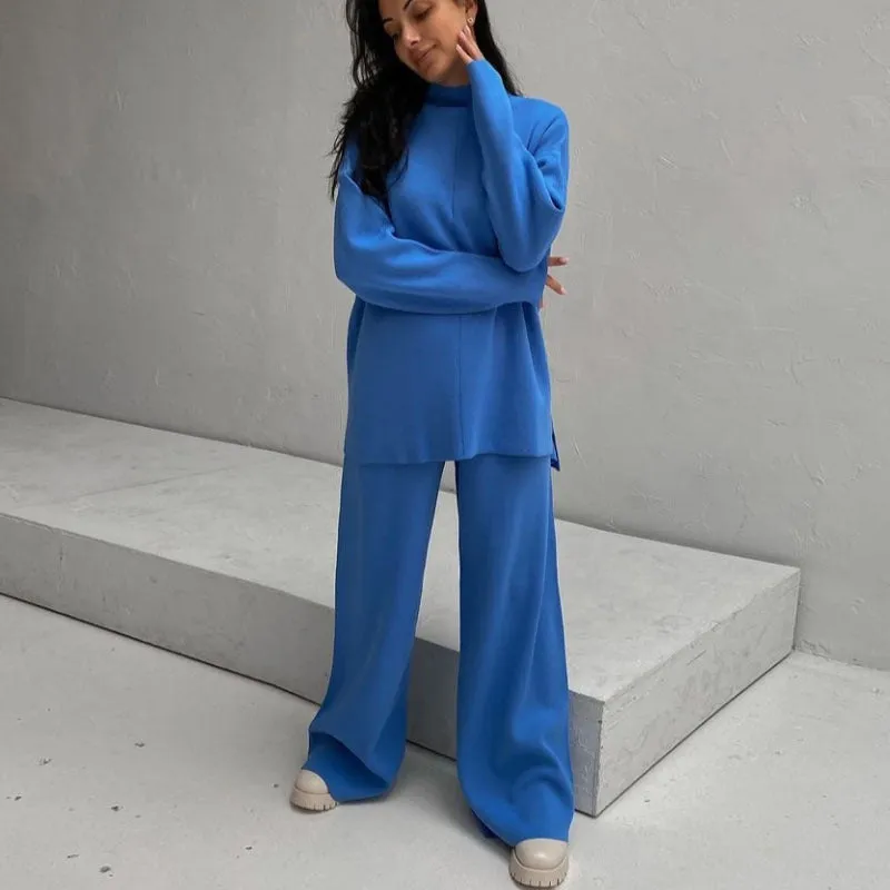Autumn Winter Russian Long Sleeve Loose Casual Sweater Knitted Top Trousers Set