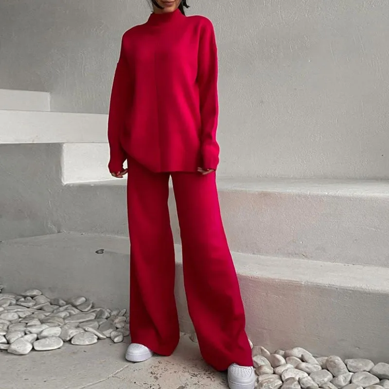 Autumn Winter Russian Long Sleeve Loose Casual Sweater Knitted Top Trousers Set
