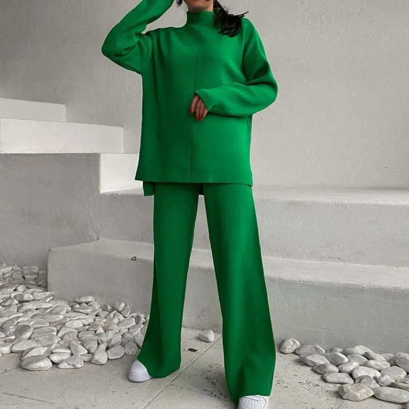 Autumn Winter Russian Long Sleeve Loose Casual Sweater Knitted Top Trousers Set