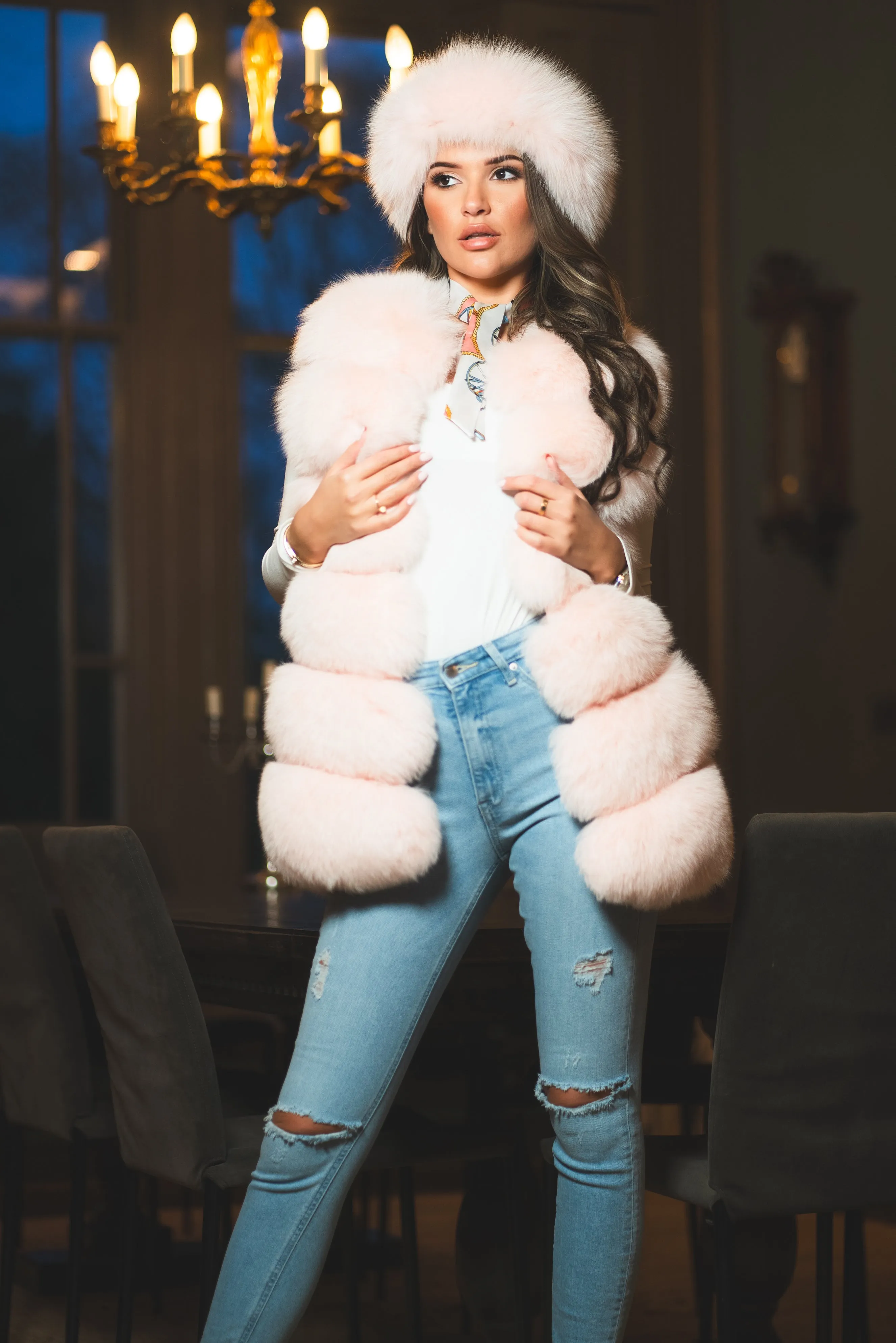 Baby Pink Luxury Fur 6 Row Gilet