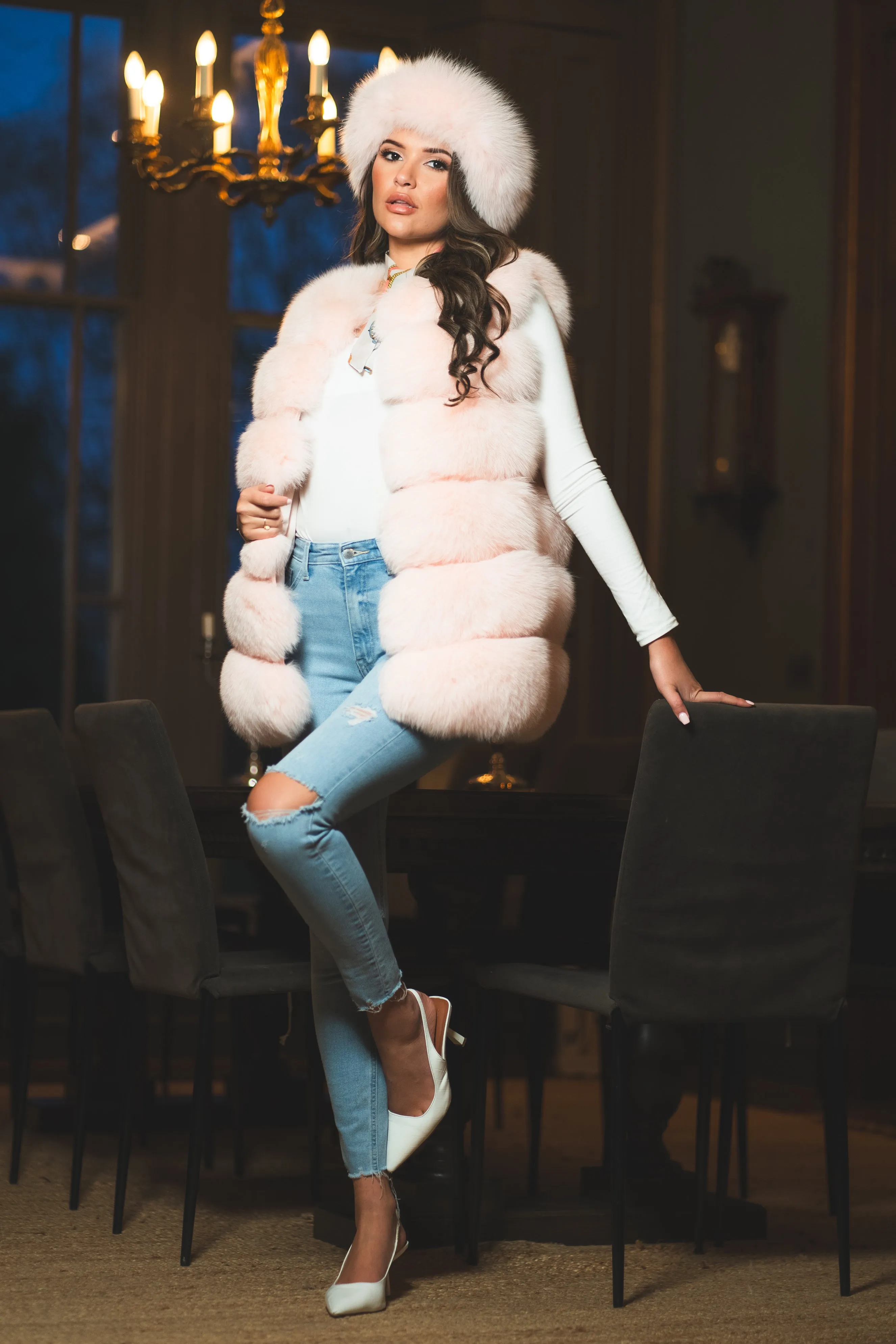 Baby Pink Luxury Fur 6 Row Gilet