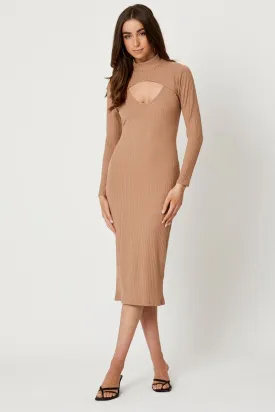 Beige 2 In 1 Midi Long Sleeve Rib Dress