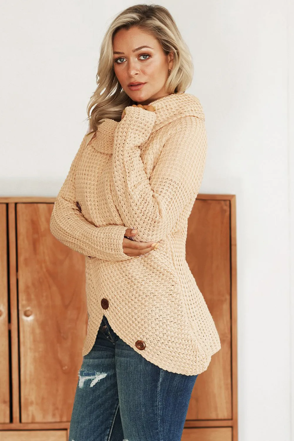 Beige Buttoned Wrap Turtleneck Sweater
