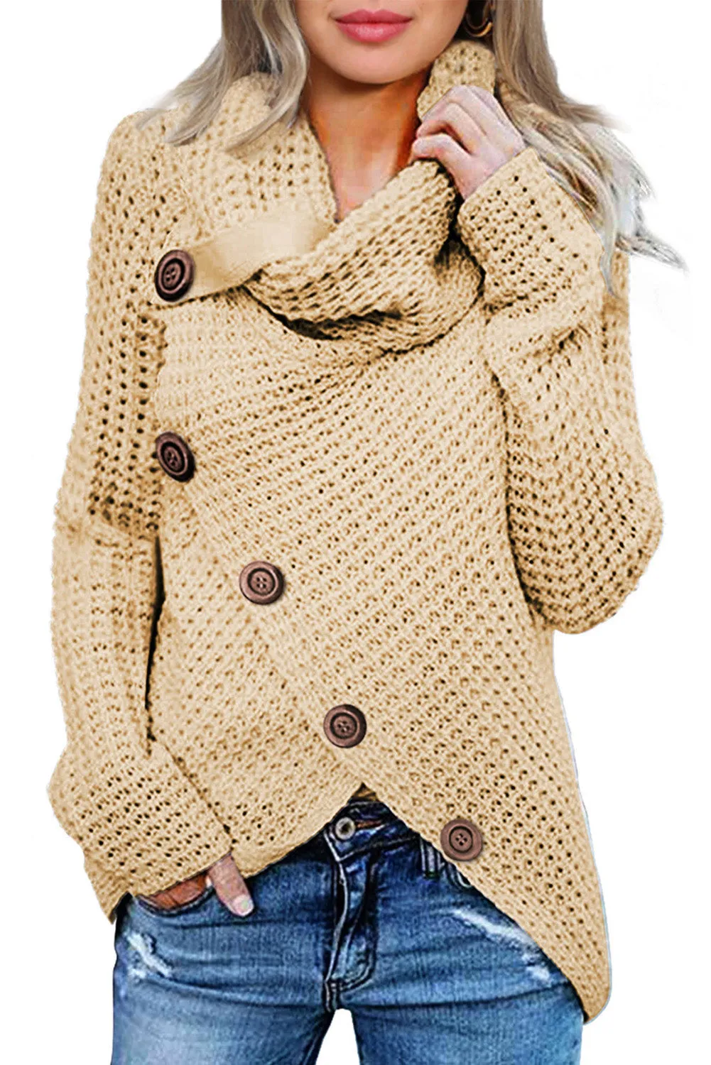 Beige Buttoned Wrap Turtleneck Sweater