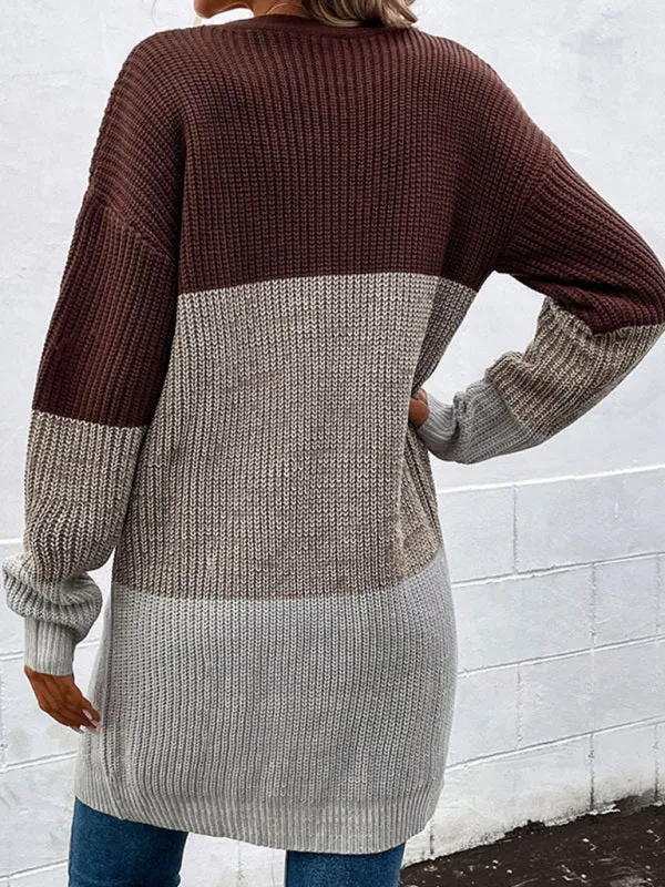 Belinda Fashion Women's Autumn And Winter New Long-Sleeved Color-Blocking Long Sweater Cardigan
