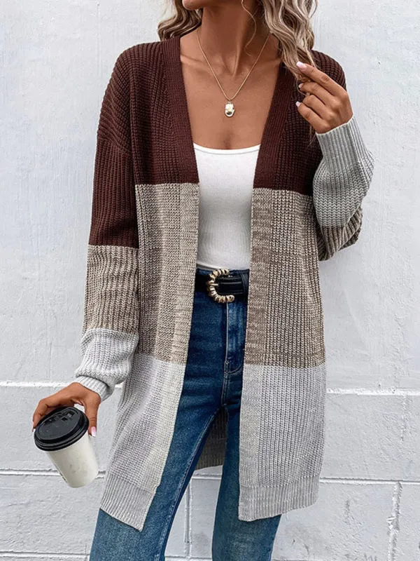 Belinda Fashion Women's Autumn And Winter New Long-Sleeved Color-Blocking Long Sweater Cardigan