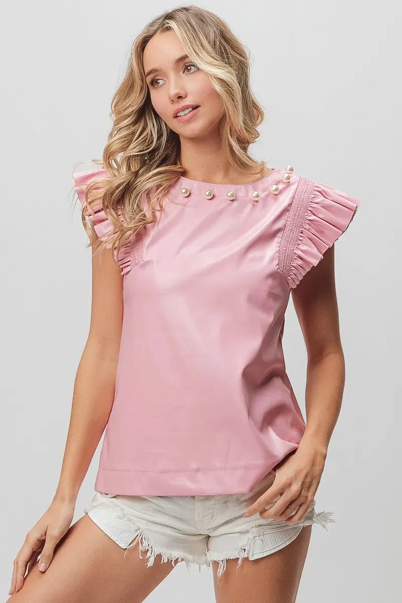 BiBi Leather Smocked Ruffled Top