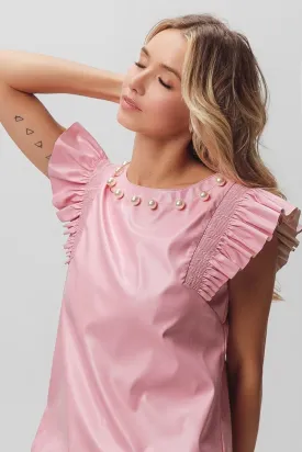BiBi Leather Smocked Ruffled Top