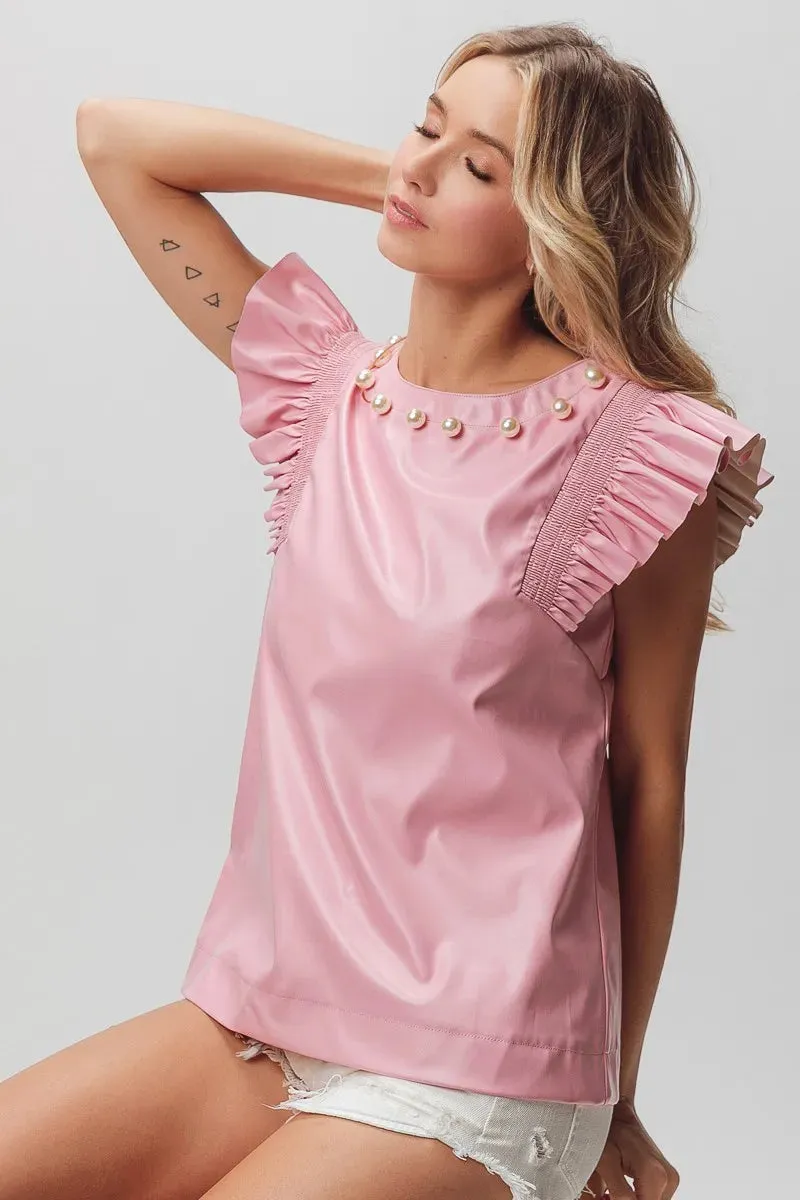 BiBi Leather Smocked Ruffled Top