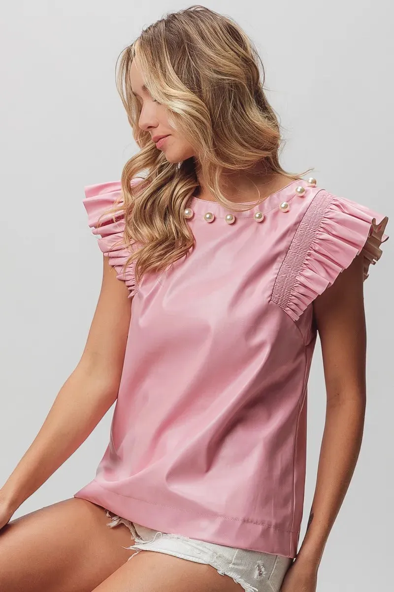 BiBi Leather Smocked Ruffled Top