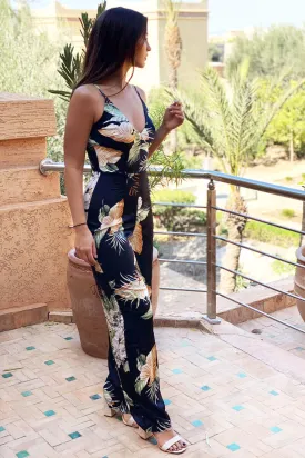 Black Floral V-Neck  Strappy Satin Jumpsuit