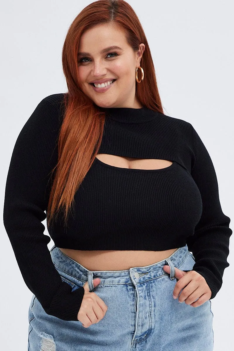 Black Knitted Cami Top And High Neck Shrug Set