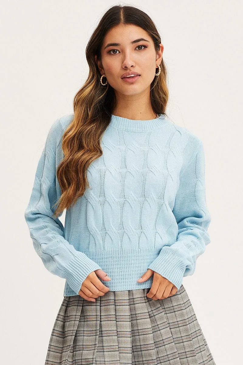 Blue Knit Top Long Sleeve Cable