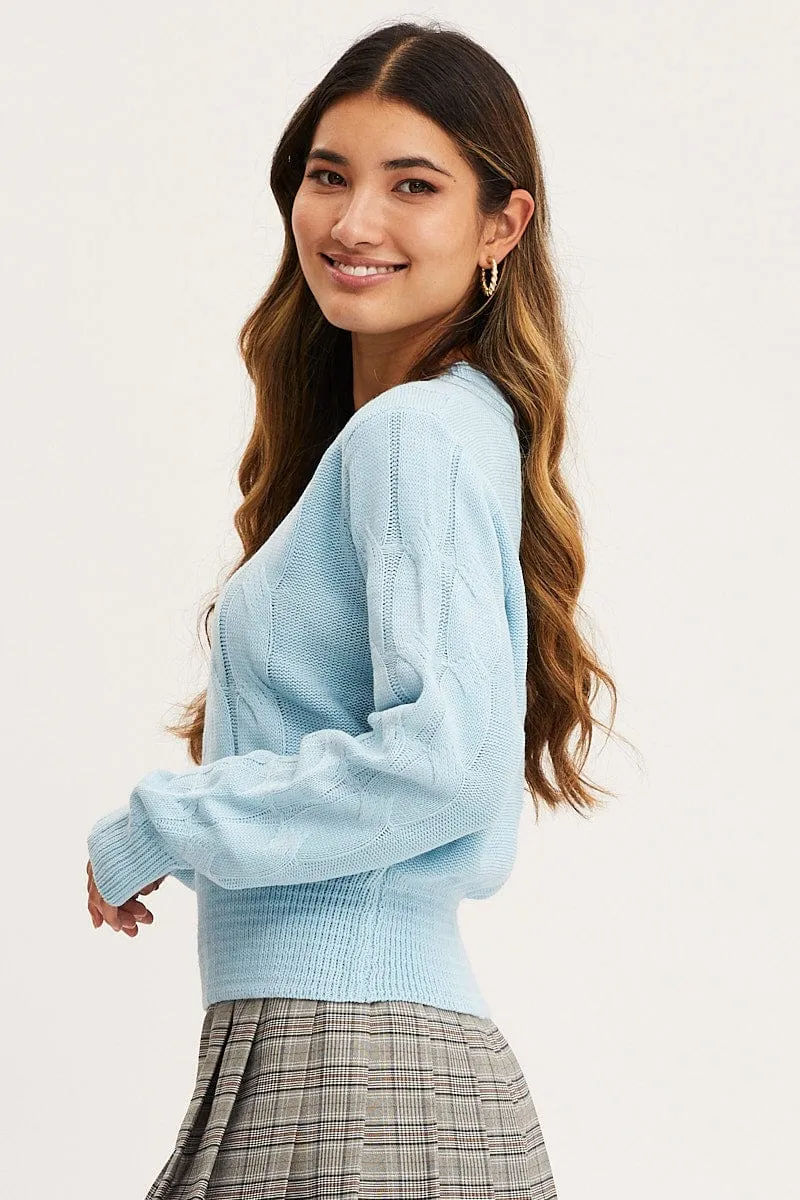 Blue Knit Top Long Sleeve Cable
