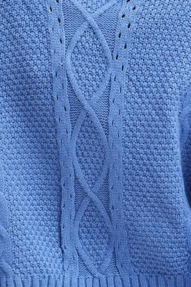 Blue Knit Top Long Sleeve Turtleneck Cable