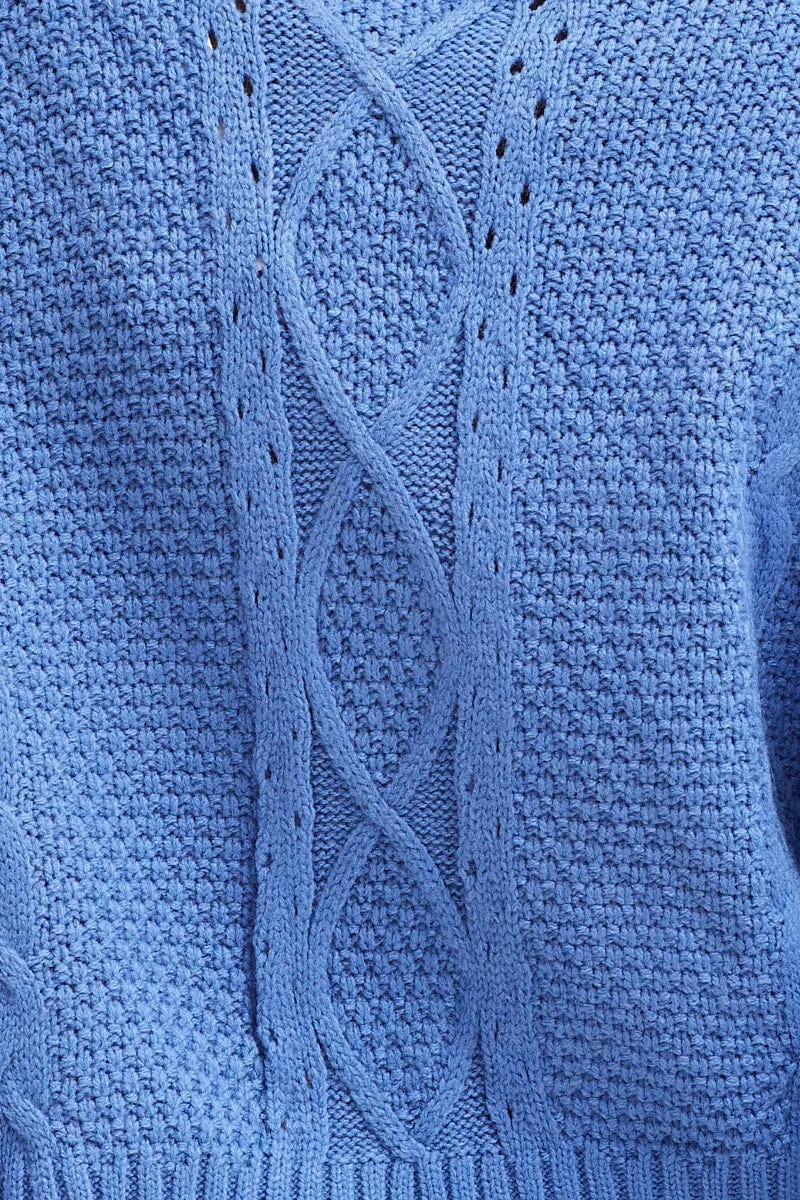 Blue Knit Top Long Sleeve Turtleneck Cable