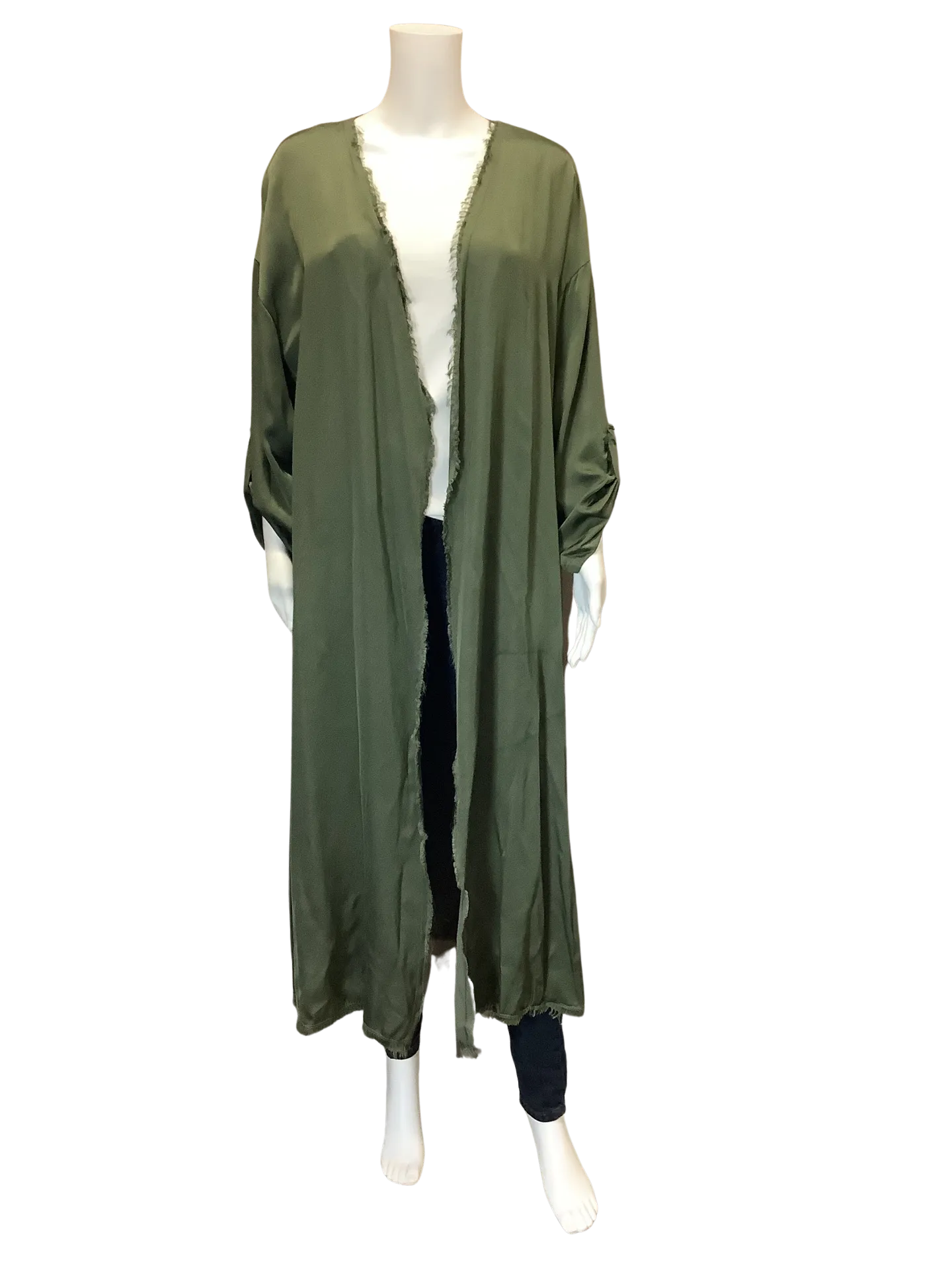 Brand Bazar Womens Cardigan Maxi Green Freyed Trim Size: L
