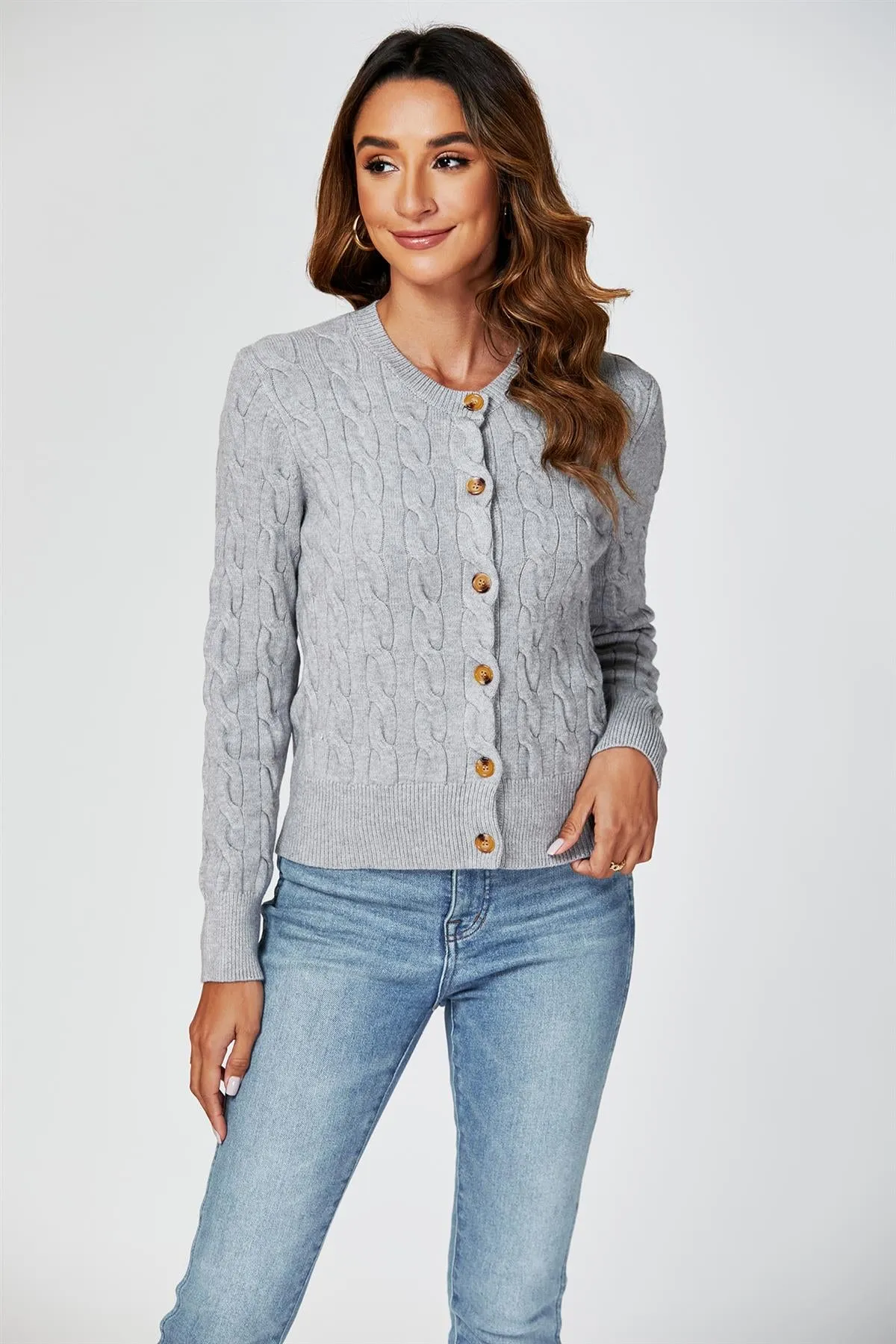 Cable-Knit Crewneck Cardigan In Grey