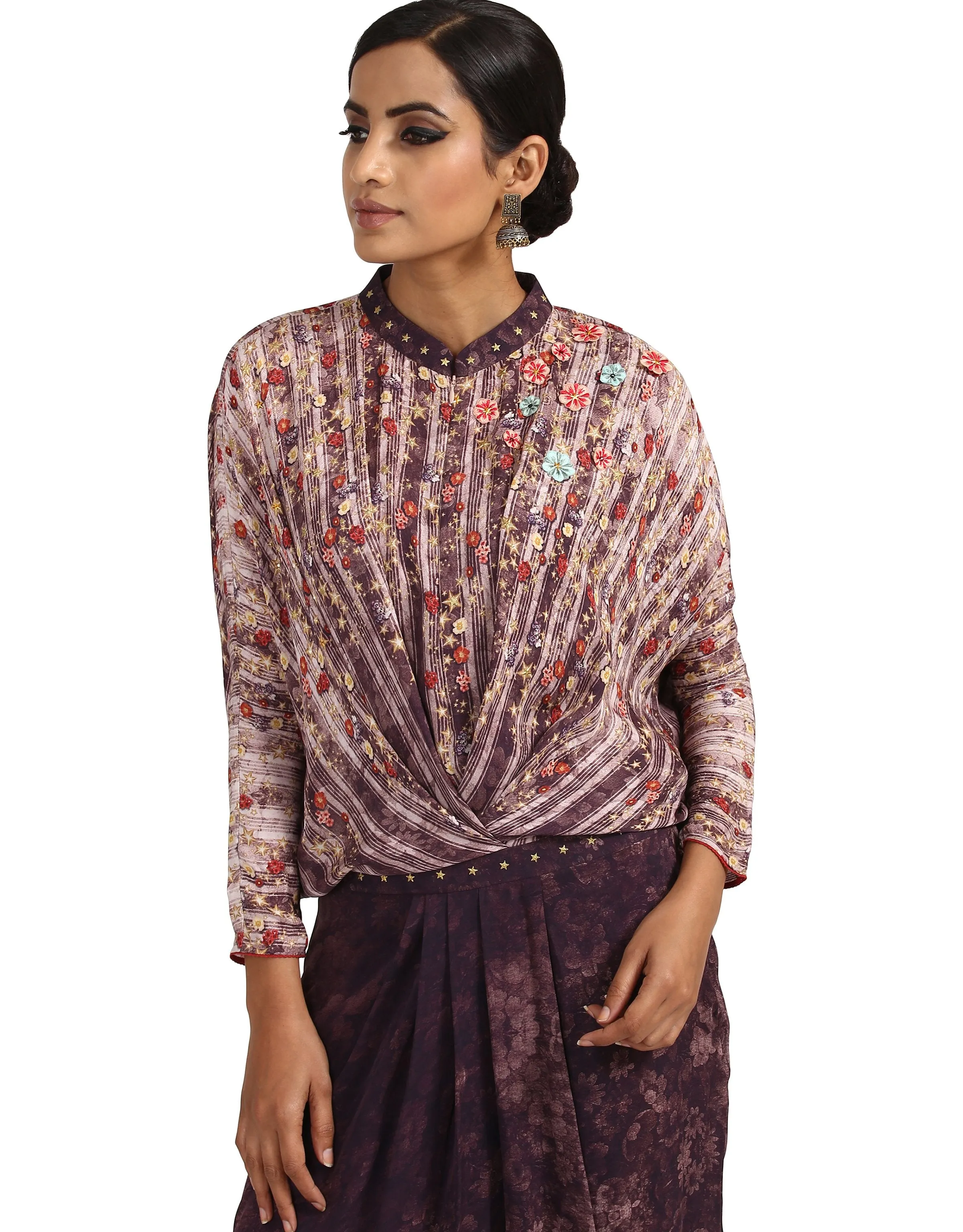 Draped Jumpsuit with 3D Embroidered Flowers- Aubergine