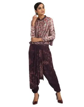 Draped Jumpsuit with 3D Embroidered Flowers- Aubergine