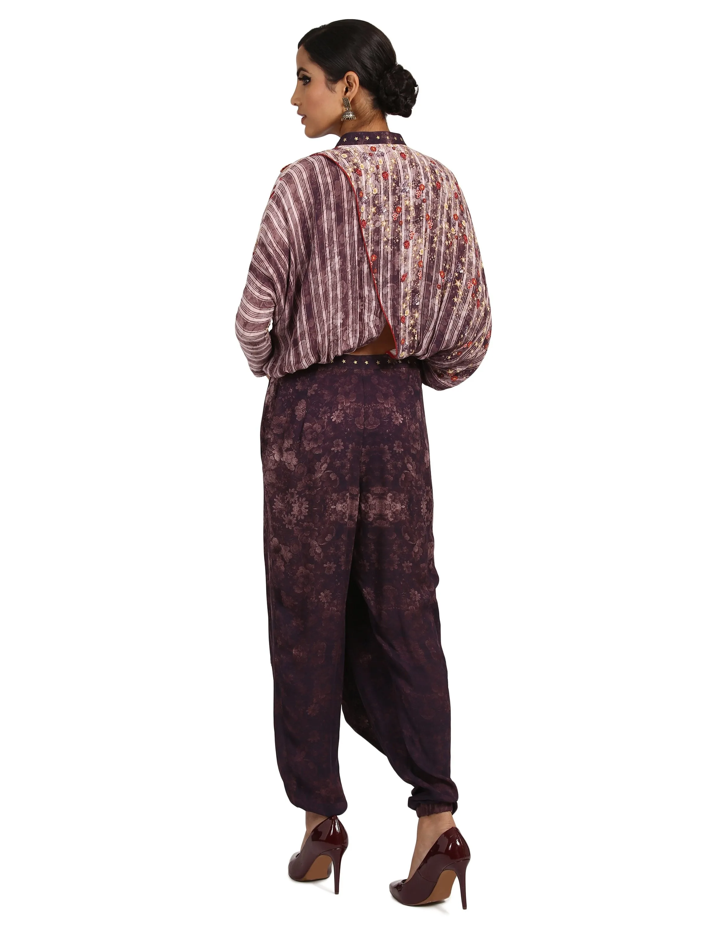 Draped Jumpsuit with 3D Embroidered Flowers- Aubergine