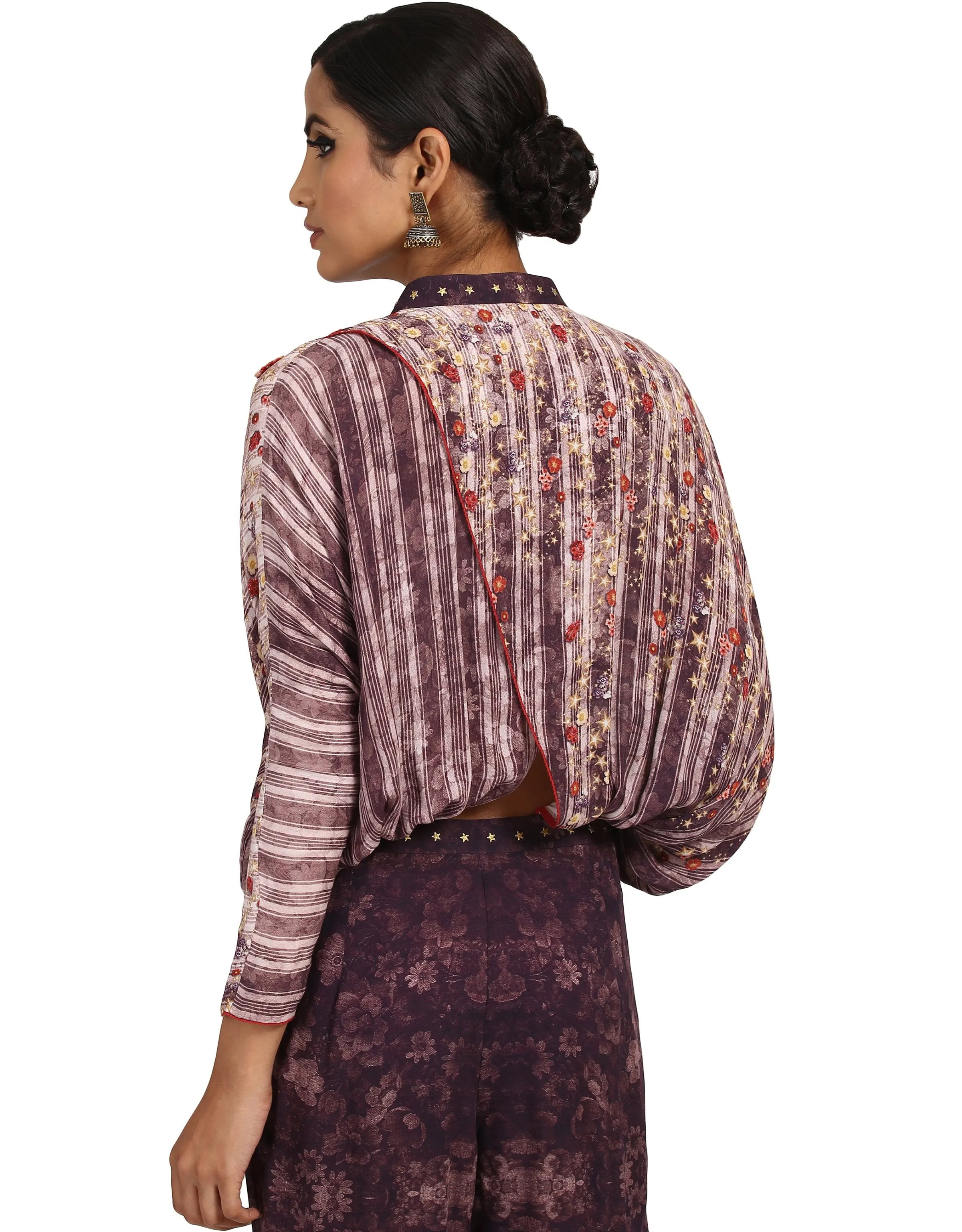 Draped Jumpsuit with 3D Embroidered Flowers- Aubergine