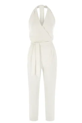 Ecru Back Low Cut Canvas Jumpsuit