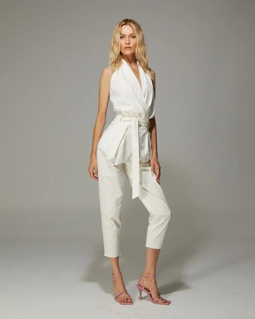 Ecru Back Low Cut Canvas Jumpsuit