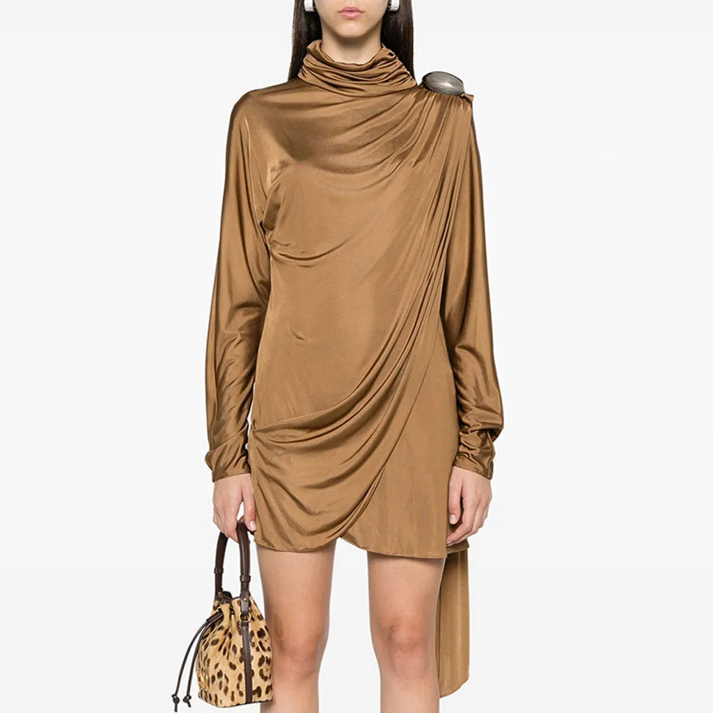 Elegant Scarf Turtleneck Long Sleeve Metal Brooch Draped Jersey Mini Dress