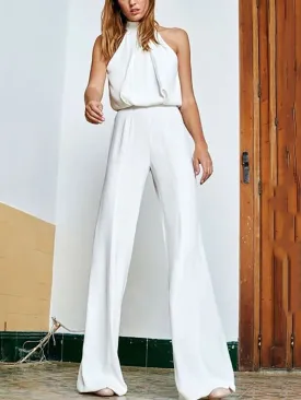 Fashionable Simple Solid Color Halter Sleeveless Jumpsuit