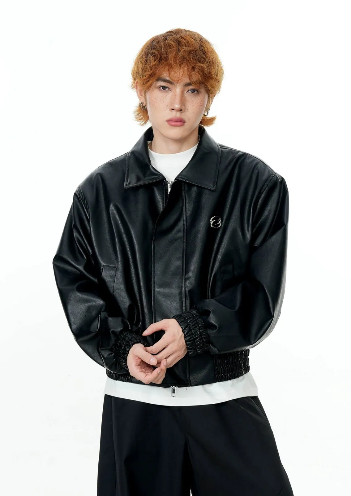 Faux Leather Mid Crop Jacket with Metallic Logo