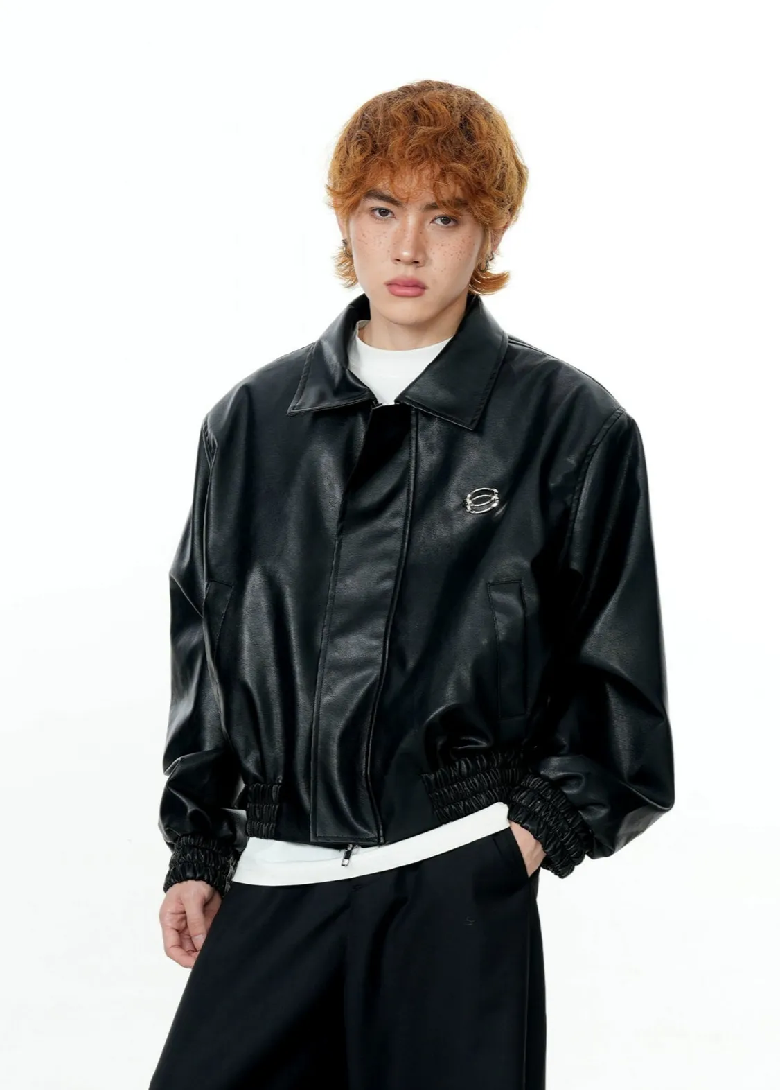 Faux Leather Mid Crop Jacket with Metallic Logo