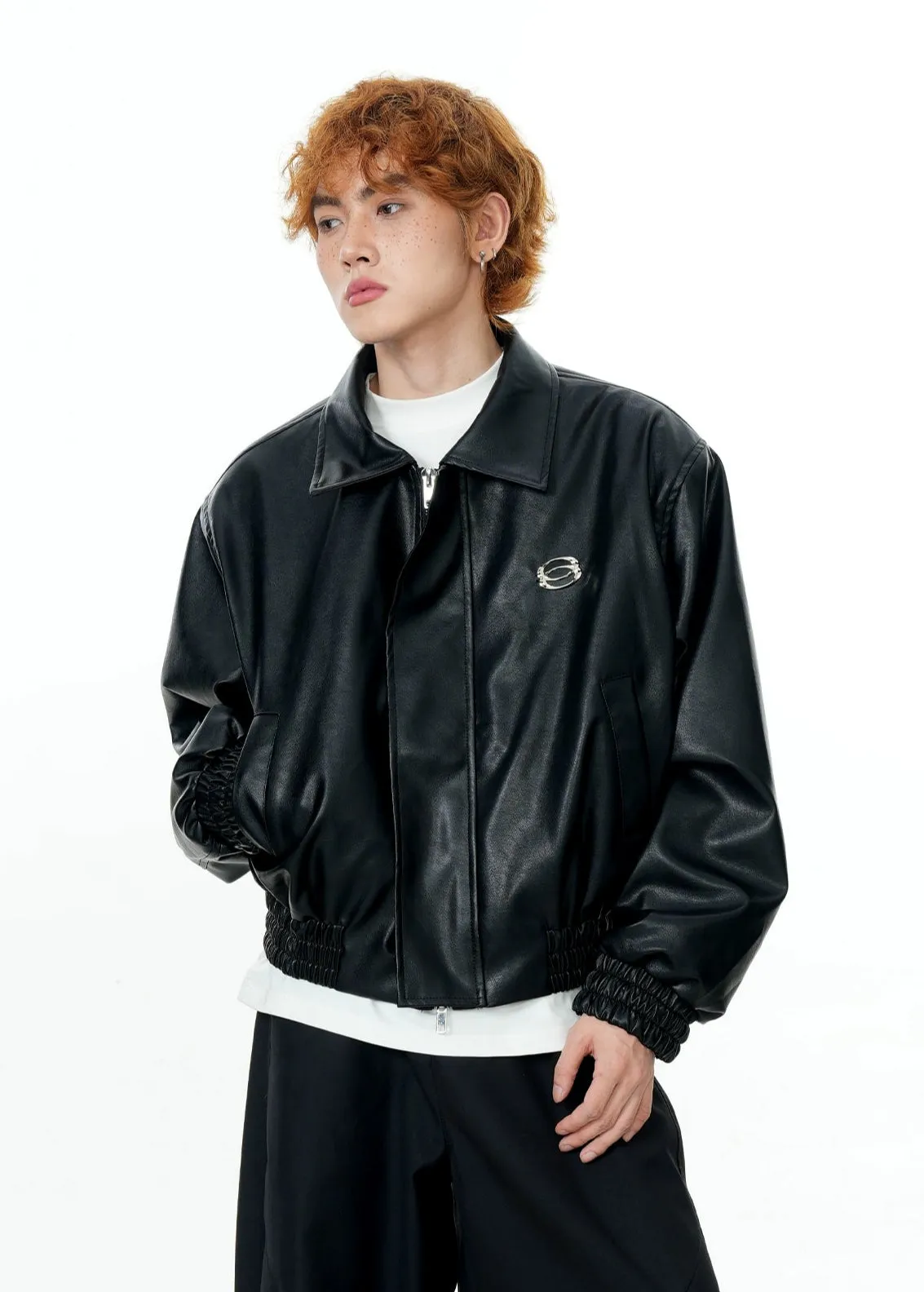 Faux Leather Mid Crop Jacket with Metallic Logo