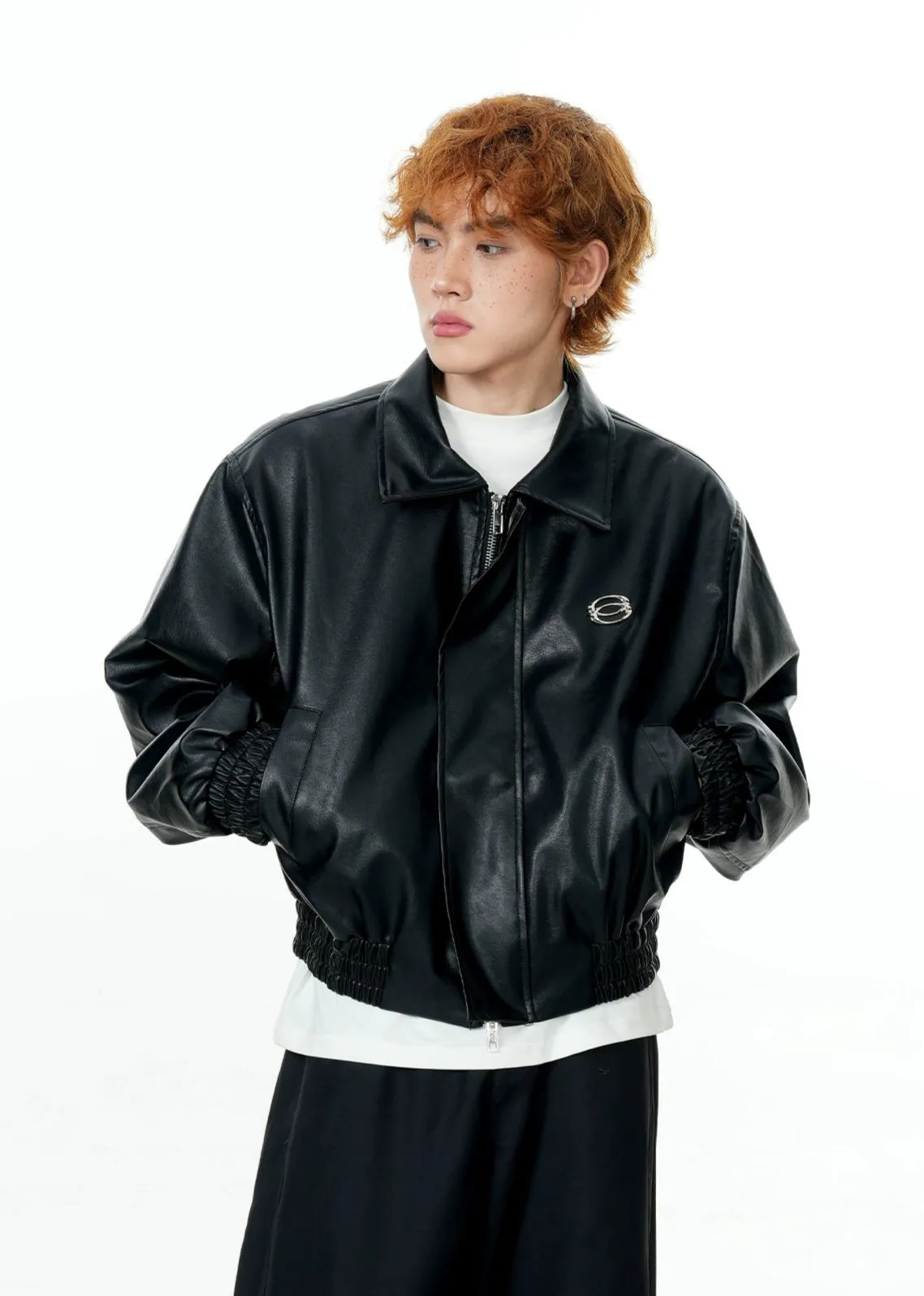 Faux Leather Mid Crop Jacket with Metallic Logo