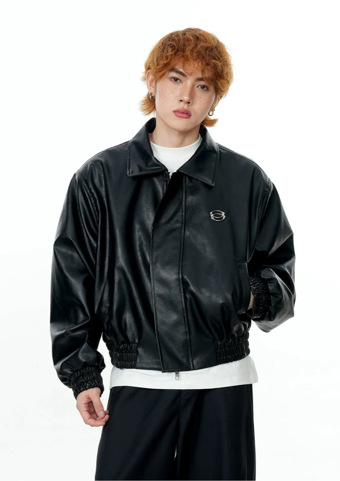 Faux Leather Mid Crop Jacket with Metallic Logo