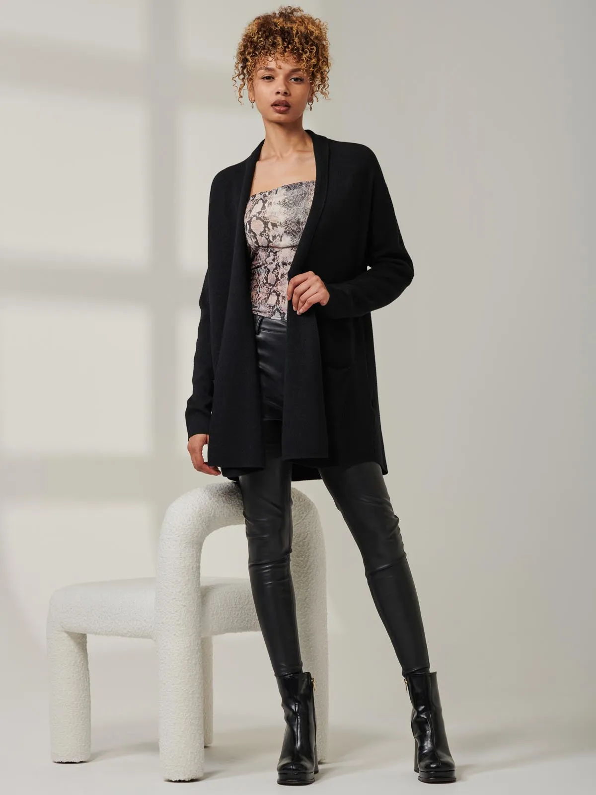 Folded Collar Fine Knit Cardigan, Black