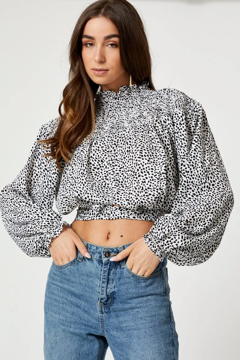 Geo Print Shirred Tie Back Top