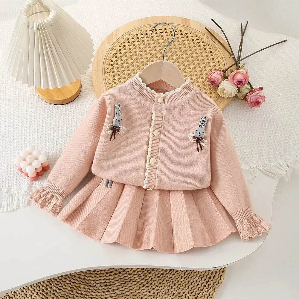 Girls Bunny Cardigan & Pleated Skirt Set