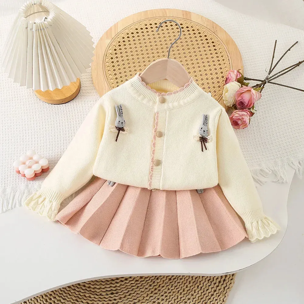 Girls Bunny Cardigan & Pleated Skirt Set